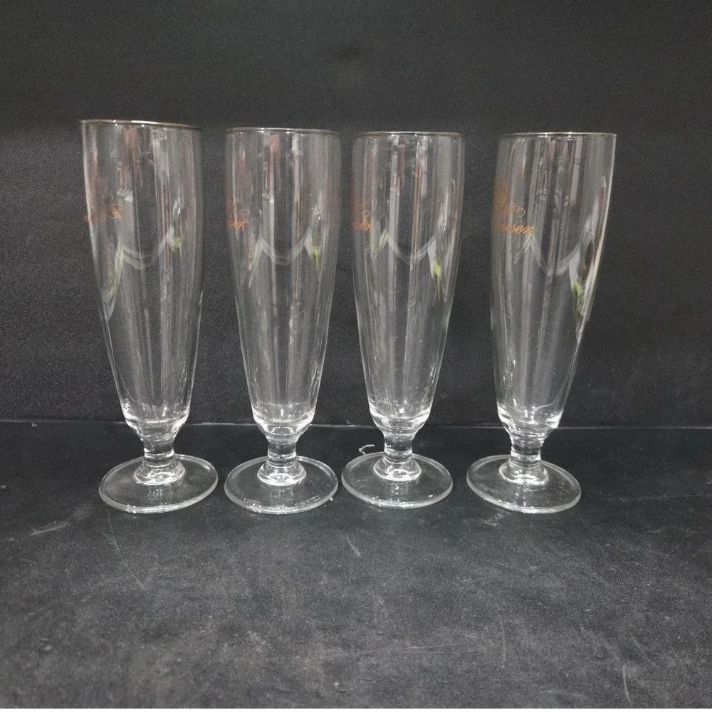 Budweiser Clydesdales Pilsner Glasses, Set of 4, Gold Rimmed Stemware, Drinkware